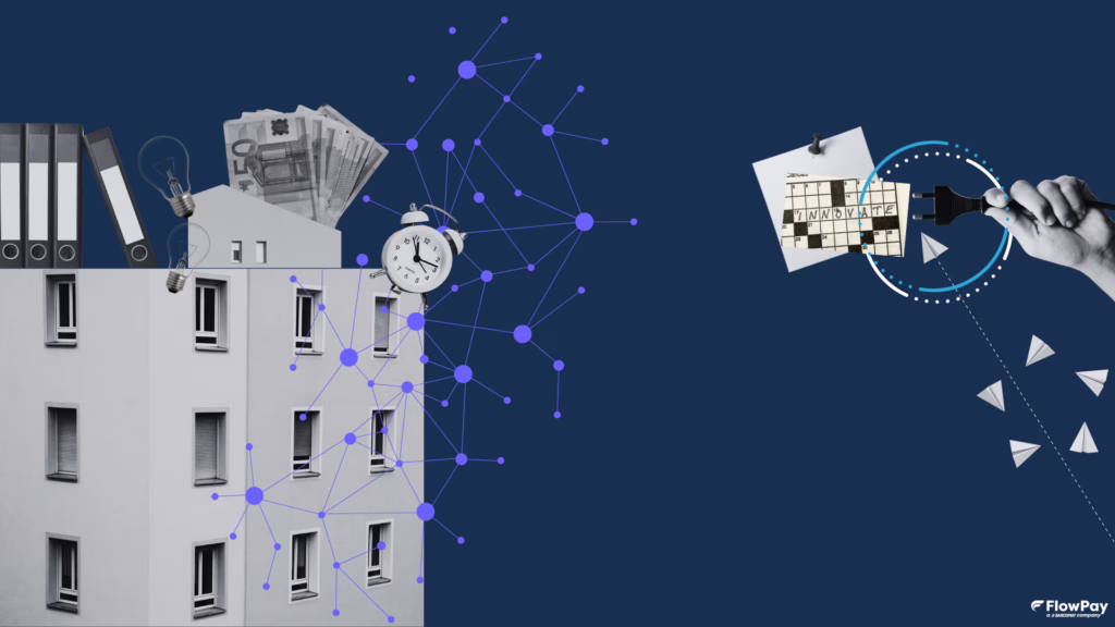 Illustrazione grafica in stile digitale che rappresenta innovazione e connessione nei servizi pubblici: un edificio residenziale con documenti, denaro e simboli energetici, collegato tramite una rete digitale a una mano che inserisce una spina elettrica su un calendario con la scritta “innovate”. Logo FlowPay in basso a destra.