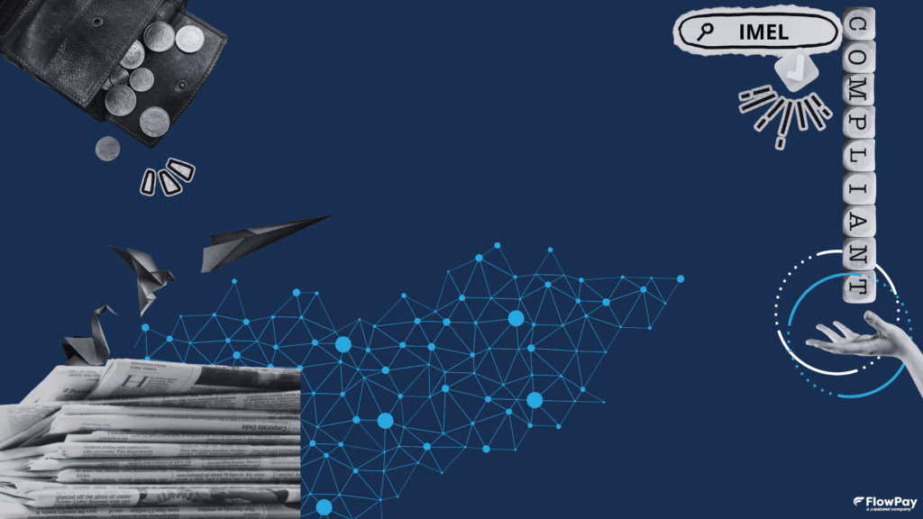 Composizione grafica con portafoglio, monete, rete digitale, aeroplanini di carta e la scritta IMEL, a rappresentare l'evoluzione dei servizi di pagamento e della moneta elettronica.