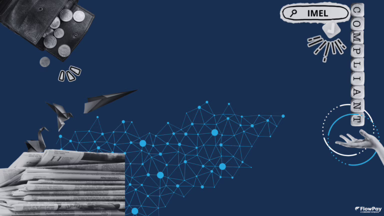 Composizione grafica con portafoglio, monete, rete digitale, aeroplanini di carta e la scritta IMEL, a rappresentare l'evoluzione dei servizi di pagamento e della moneta elettronica.