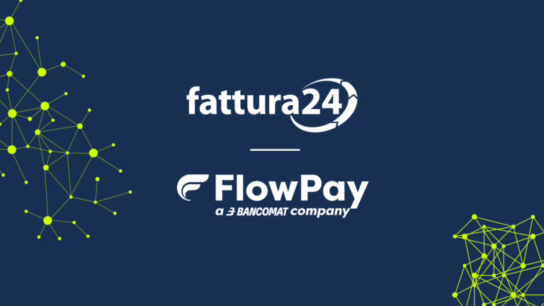 Loghi di Fattura24 e FlowPay (a 3 BANCOMAT company) su sfondo blu, con elementi grafici a rete verde che rappresentano la collaborazione tra le due aziende.