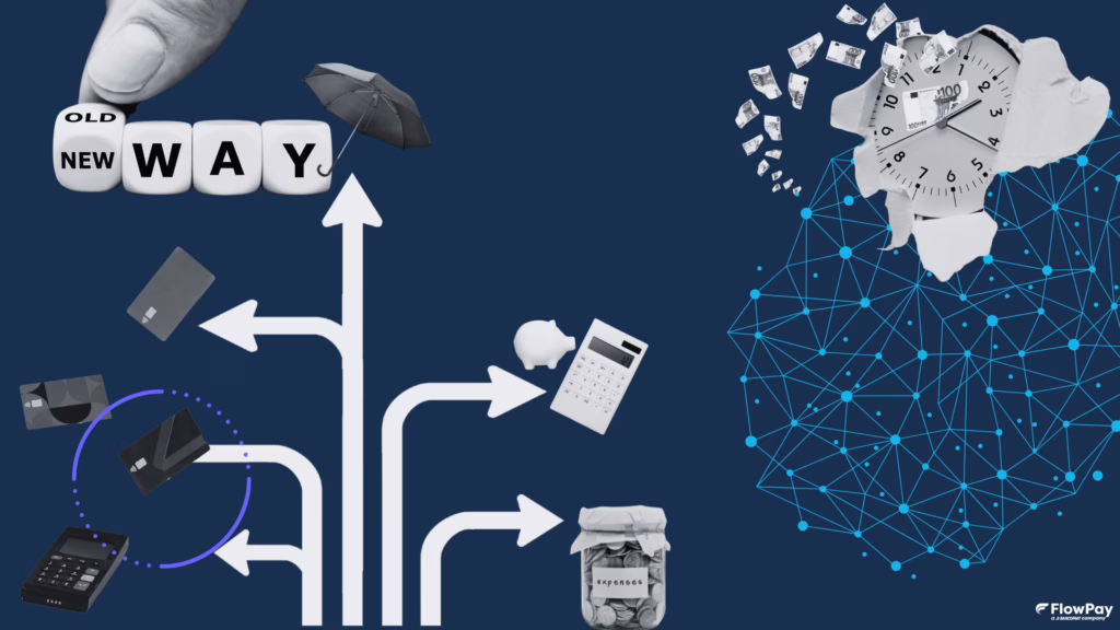 Concept grafico sull'innovazione nei pagamenti da contanti e calcolatrice a pos e carte di credito.