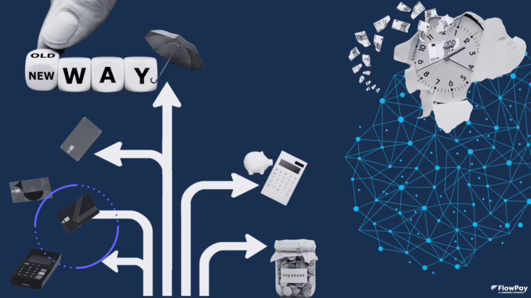 Concept grafico sull'innovazione nei pagamenti da contanti e calcolatrice a pos e carte di credito.
